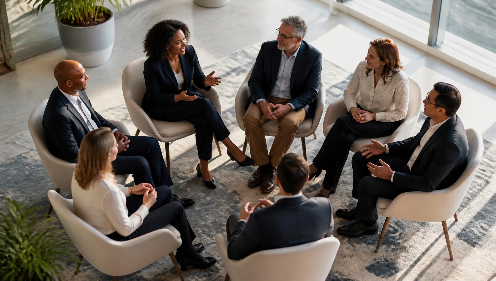 Diverse group of professionals engaged in collaborative dialogue